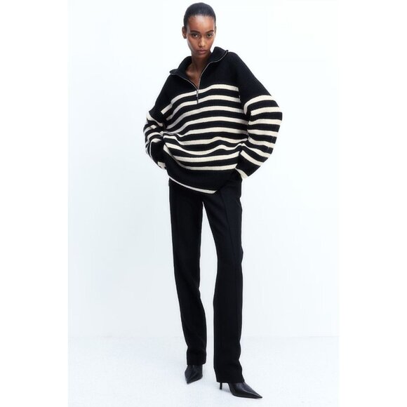 H&M Sweaters - H&M Black White Striped Chunky Knit Oversized 1/2 Zip Mock Neck Sweater, Size XS